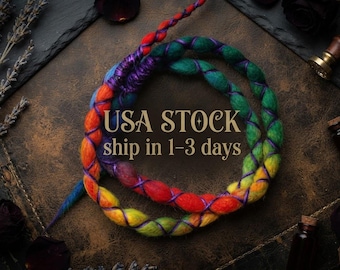 Rainbow Felted Merino Wool Dread Tie, Wire Core Ponytail Holder 24 inch