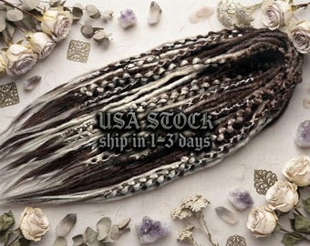 Dark Brown to Silver Grey Crochet Dreads Set, Ombre Boho Braids with Loose Ends
