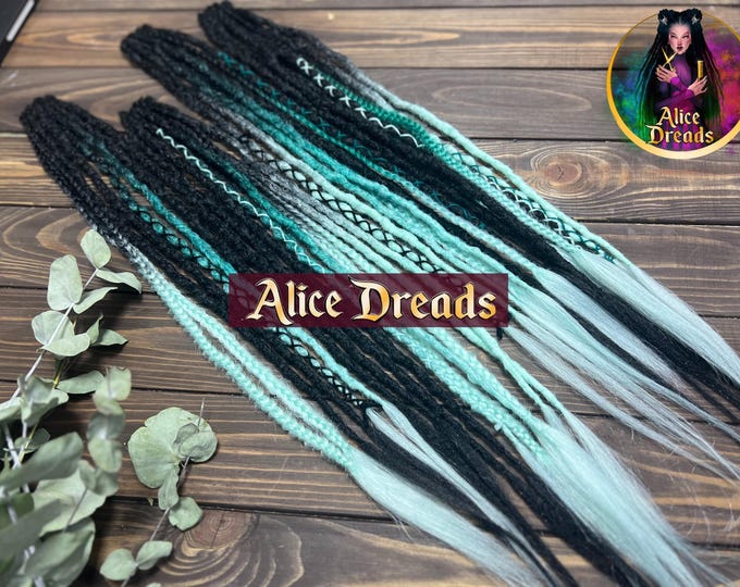 Black & Mint Synthetic Dreadlock Extensions: Braided Clip-in Dreads (Set of 4)