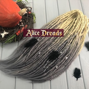 Crochet Dread Extensions Blonde to grey, gray hair, custom synthetic dreads for women, men dreadlocks with braids and wrapped accents