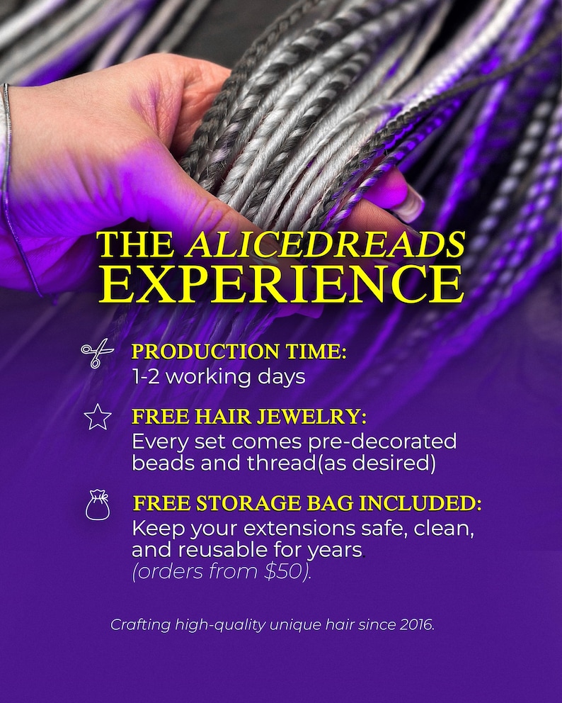 May include: A collection of grey and black synthetic hair extensions with braided textures. The text reads: THE ALICEDREADS EXPERIENCE, PRODUCTION TIME: 1-2 working days, FREE HAIR JEWELRY: Every set comes pre-decorated beads and thread, FREE STORAGE BAG INCLUDED.