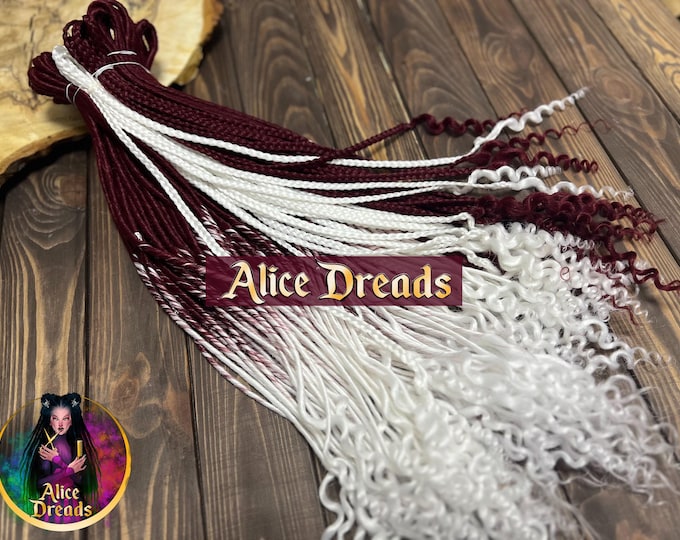 Burgundy & White Synthetic Dreads "Sugared cherries": Curly Ends, Braided Hair Extensions