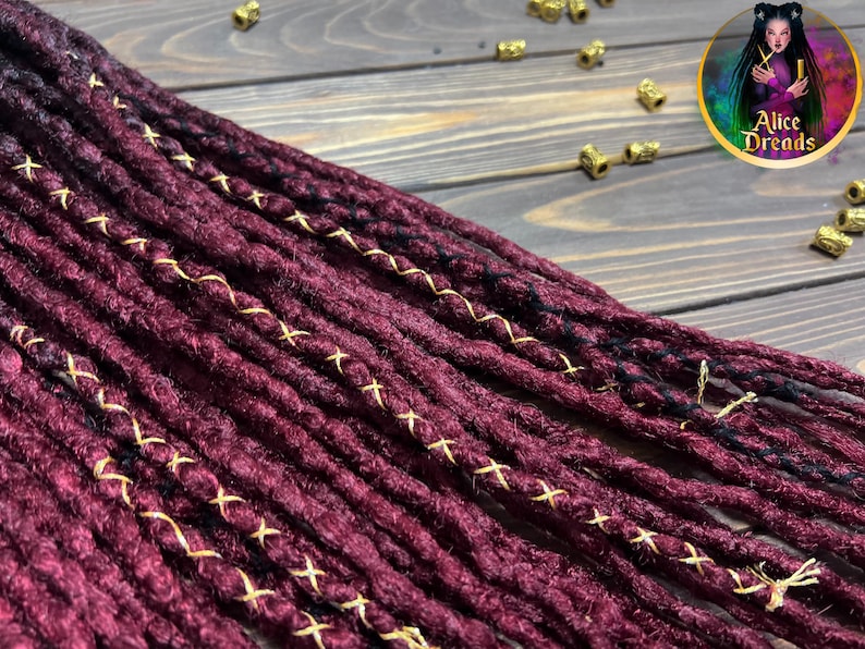 Crochet Synthetic Double Ended Dreads: Black to Burgundy Ombre with Gold accents image 6