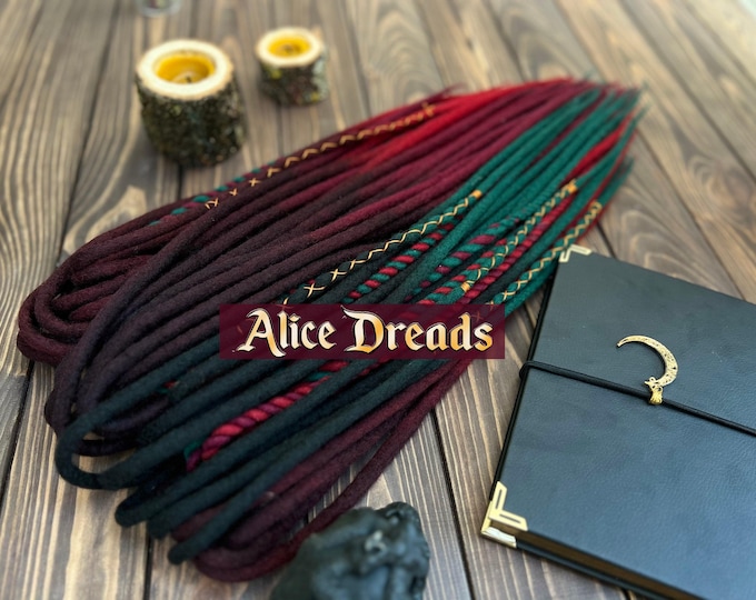 Double Ended Wool Dread Extensions Bohemian Dreads Dark Brown Emerald Burgundy Mix Set