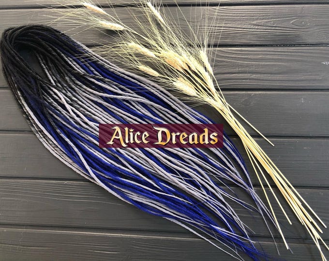 Ombre Synthetic Dreadlocks: Black to Gray/Blue, Thin DE/SE Hair Extensions