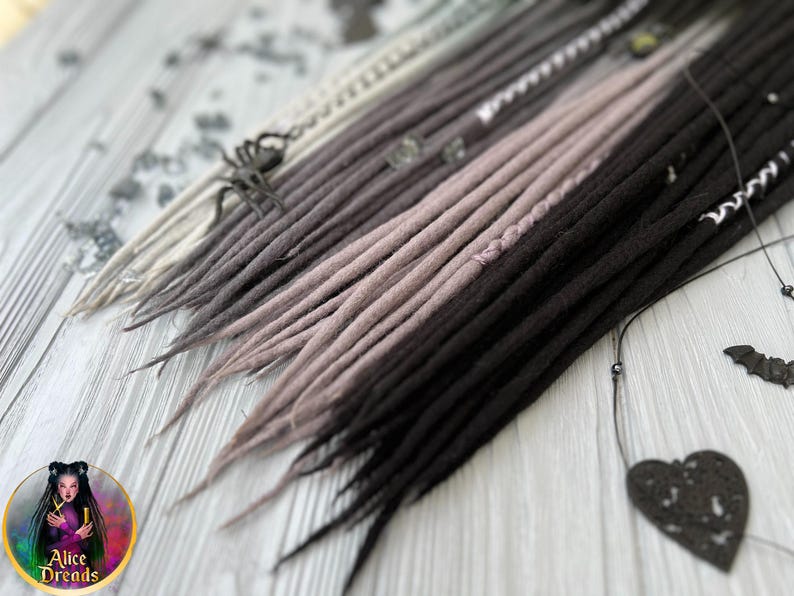 Wool dreads in shades of gray and black ombre dreadlocks with wrapped accents image 8