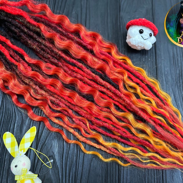 Set of crochet synthetic double or single ended dreads with curly hair "Fire" accent custom dreadlocks bright vibrant hair extenions