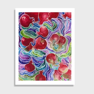Israeli pomegranate art, jewish pomegranate art, jewish holiday art, Judaica gift, rimon art, jewish pomegranate art, botanical wall art,