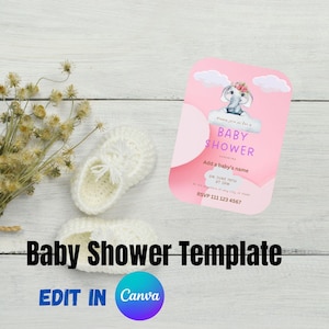 Elefant Babypartyeinladungskarte, digitales Produkt, bearbeitbar