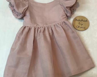 Dusty Pink Linen Wrap Dress with Puff Sleeves, Size 3