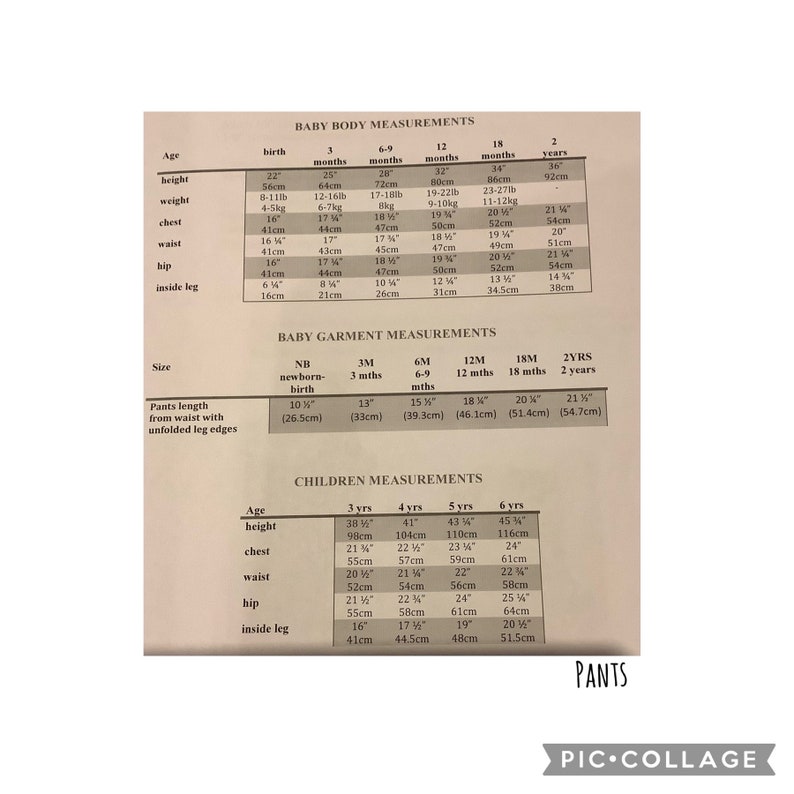 May include: A chart with baby and children's body and garment measurements, including height, weight, chest, waist, hip, and inside leg. The chart includes measurements in inches and centimeters.