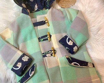 Duffle coat, upcycled, recycled, children’s coat, woollen coat, recycled wool, size 4