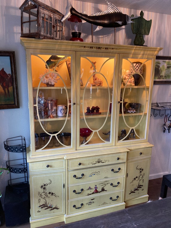 Jasper Cabinet Hand Painted Asian Motif Yellow Domed Glass and Interior Lighting Etsy