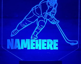 Personalized Ice Hockey Player LED Lamp: Etched Acrylic Night Light
