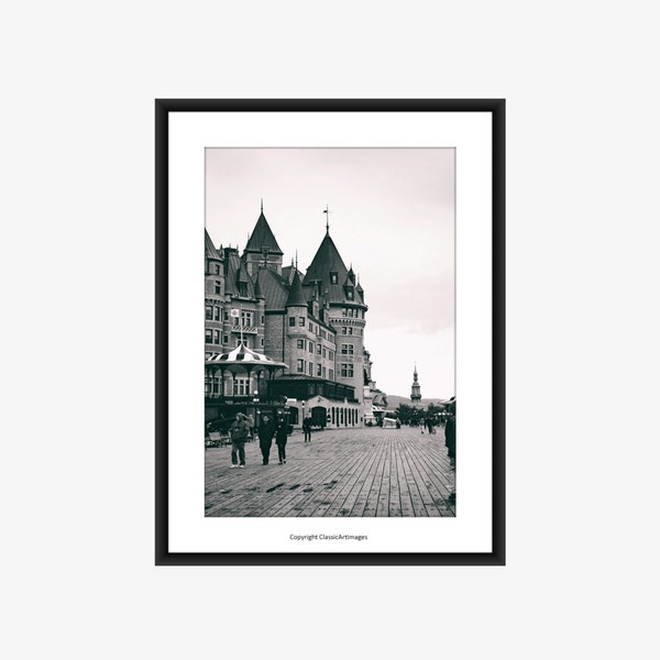 Canada Art Print, Quebec City Chateau Frontenac Digital Download, Printable Wall Art, Canada Travel Poster, Black White Photography