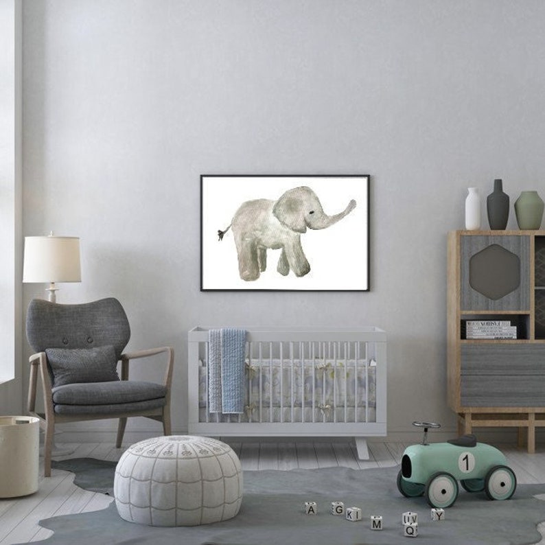 Watercolor baby elephant nursery print image 1