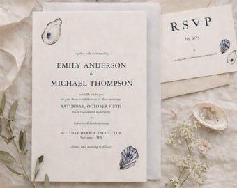 Coastal Wedding Invitation Suite | Oyster Shell Design, Minimal Elegant Stationery (Digital Download)