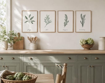 Watercolor Herb Prints Set of 4 Printable | Botanical Kitchen Wall Art | Sage Rosemary Thyme Dill | Cottage Kitchen Decor | Digital Download