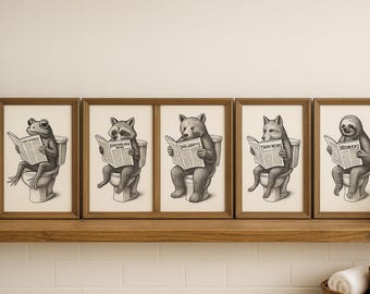 Funny Animal Bathroom Prints Set | Reading on Toilet (Digital Download)