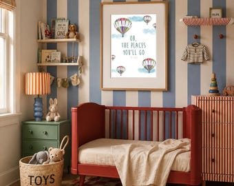 Watercolor Hot Air Balloon Nursery Print – Oh the Places You’ll Go - Whimsical Kids Room Decor (Digital Download)