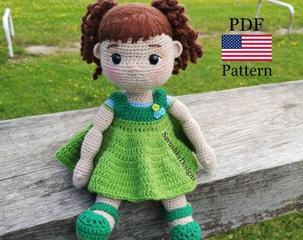 Crochet doll pattern, Amigurumi doll in green dress tutorial, gift for girl, PDF pattern in English