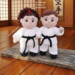 May include: Two knitted dolls wearing white martial arts uniforms with black belts. The doll on the left has curly brown hair with a red accent, and the doll on the right has short brown hair. Text reads: PDF Knitting Pattern Knit Flat.