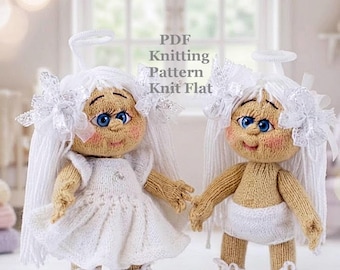 May include: Two knitted dolls with tan skin, blue eyes, and long white yarn hair topped with white halos. One doll wears a white dress and white shoes, while the other wears white underwear and white shoes. Text reads: PDF Knitting Pattern Knit Flat.