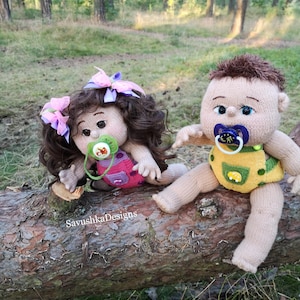 Knitting Baby Doll Pattern for Amigurumi toys Twins Jenny and Billy with overalls, handmade DIY tutorial PDF file in English, Knitting Flat