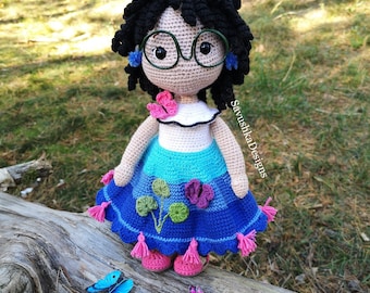 Crochet Doll pattern Mirabel in dress and glasses, English PDF crochet pattern, amigurumi pattern