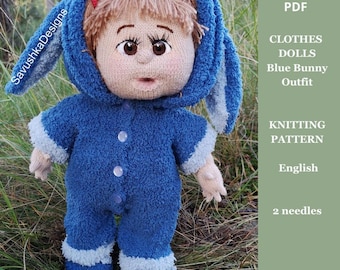 Doll Clothes Knitting Pattern, Blue Bunny Romper for toys 14 inch Knit flat