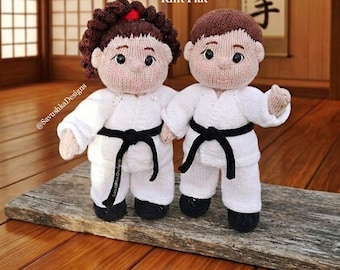 Karate Doll Knitting Pattern PDF,  Knitted Flat Clothes Toys Tutorial Gi Uniform Black Belt