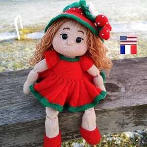 Doll in Strawberry Dress Knitting Pattern, Knit Flat, PDF in English, French