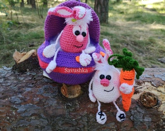 Bunny crochet Pattern, Easter bunnies in ufo ship is a basket for eggs rabbit with carrot, Gift for Easter decoration PDF in ENGLISH