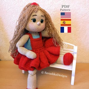 Knitting Pattern Doll Mary with clothes, Knit Flat Toy Tutorial in English, French, Spanish