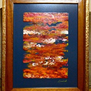 Denouement, a unique, original encaustic wax painting on acid etched Glass.  The only acid etched encaustic (other than my own) on Etsy.
