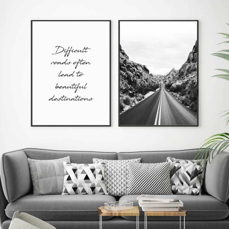 2 Piece Travel Print Wall Art Open Road Printables Difficult Roads Black White Mountain Minimalist