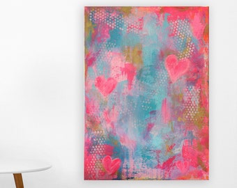 PINK Hearts | Abstract painting | ACRYLIC | NEON 50 x 70 cm canvas stretcher frame