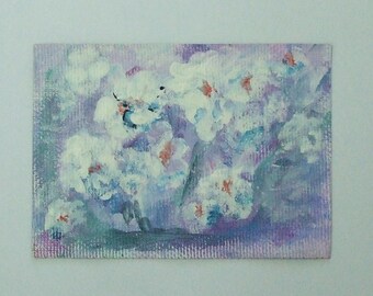 bridesmaids gift womens personalized gift original aceo white flowers art abstract art acrylic painting canvas aceo card art paintings