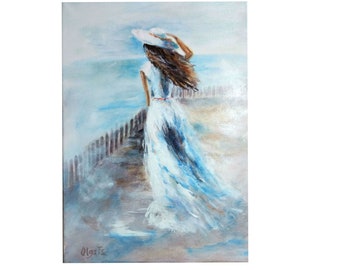 Woman painting on canvas original art Figure painting fine art painting Woman decor wall art Sea beach season Captivating Coastal Artwork