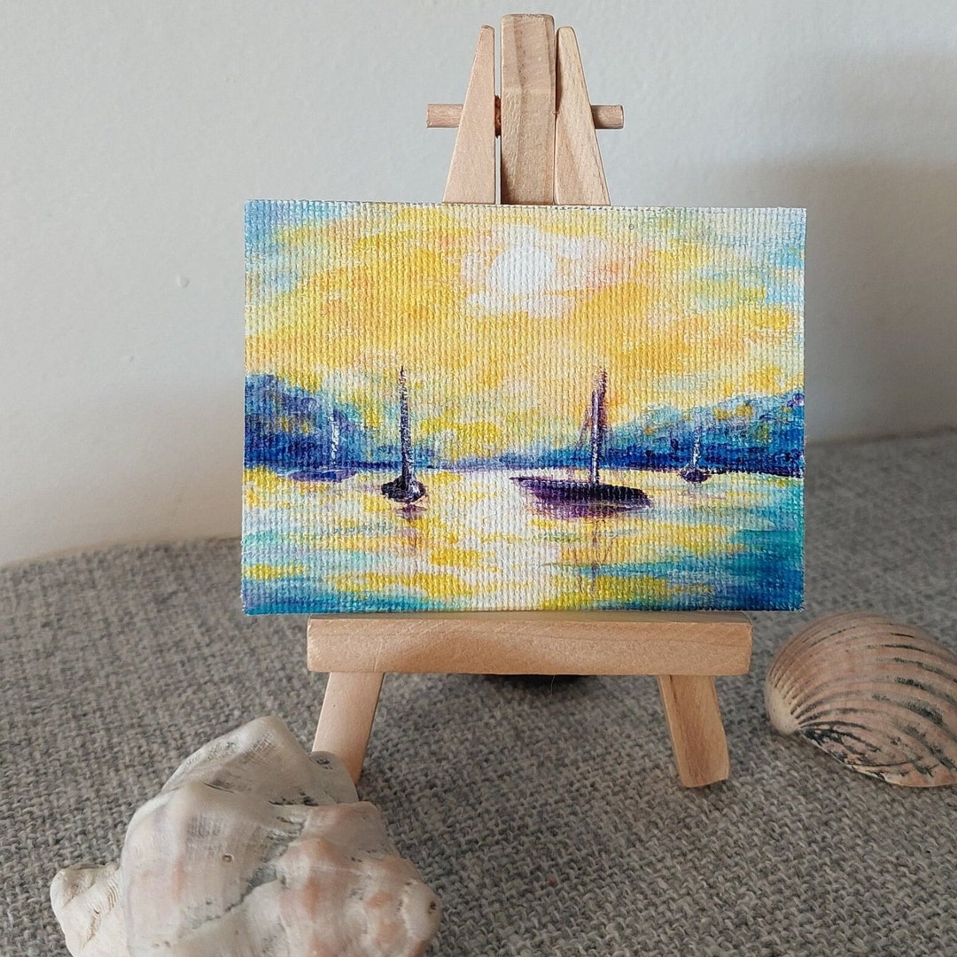 ACEO Seascape Painting Sails Art Beach Sea Miniature Art Blue Yellow ...