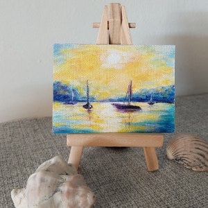 Peinture paysage marin ACEO voiles art plage mer miniature art bleu jaune carte postale soeur cadeau frère