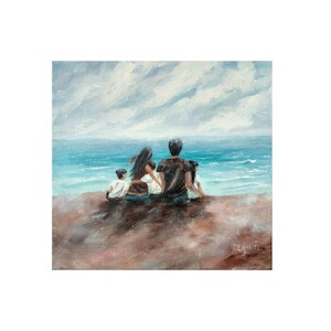 Mother Father and Three Kids on beach Small Figurative Painting Original Mom Dad Sons Daughter Art Canvas Family Figures Wall Art Dad gift
