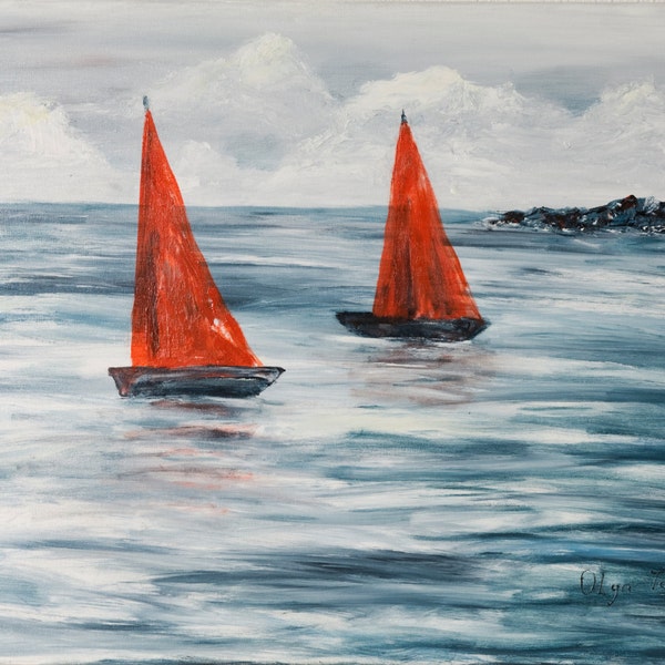 Palette knife Art modern Gift to friend Seascape paintings Home decor collectible Sale creative painting Boat art red sail grey canvas decor