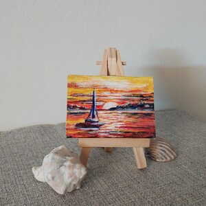 Sunrise art originele ACEO zeilkunst kleurrijke zonsondergang schilderij aceo abstracte zus cadeau voor haar oceaan zonsopgang zeilboot kunst