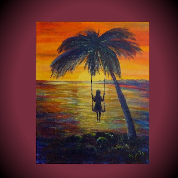 romantic art bright decor palm tree art ocean beach women art colorful painting exotic original artwork tropical art orange purple sunset