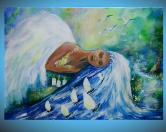 angel painting fantasy art guardian angel wings spirituality art fairy blue green white mini decor angel gift angels figurines chic artwork