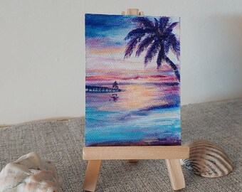 ACEO Ocean Sunset, miniatuurkunst ruilkaart blauw paars geel schilderij nautisch decor, kustkunst palmboom kunst voor familiekamer