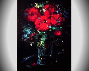 Red Peony Bouquet Vase Art: Abstract Impasto Still Life Wall Decor,  Florals on Black Background - Handmade Gift for Her