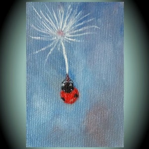 オリジナル ACEO てんとう虫の絵画 ミニキャンバスアート 手作り 小さなコレクション用アートワーク ミニチュアアート 木製イーゼル付き てんとう虫愛好家へのギフト