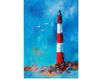 Lighthouses painting wall art seagulls art impasto nautical nursery wall decor landscape art lighthouses art coastal ocean house decor